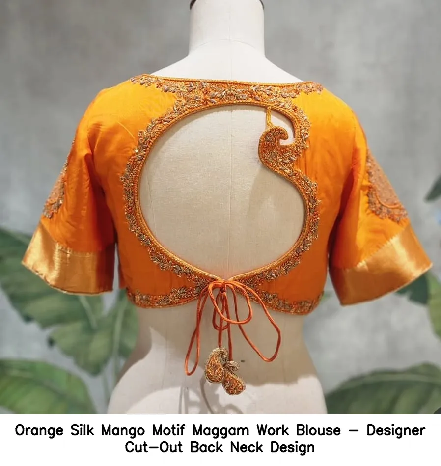 ​​Orange Silk Mango Motif Maggam Work Blouse - Designer Cut-Out Back Neck Design