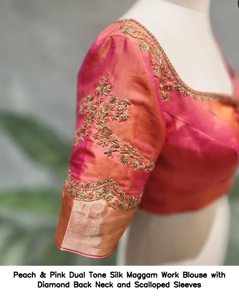 ​​Peach & Pink Dual Tone Silk Maggam Work Blouse with Diamond Back Neck and Scalloped Sleeves