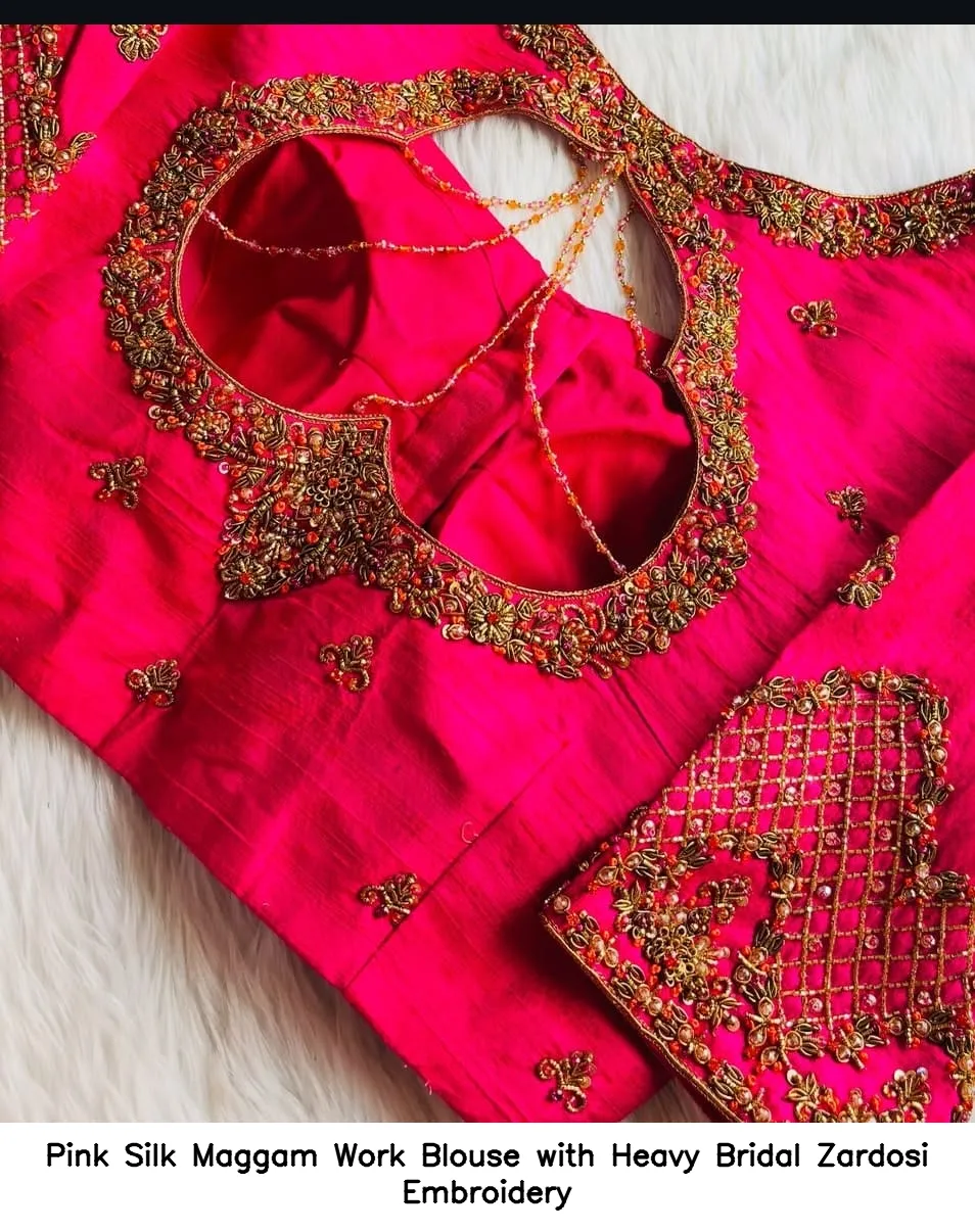 ​​Pink Silk Maggam Work Blouse with Heavy Bridal Zardosi Embroidery