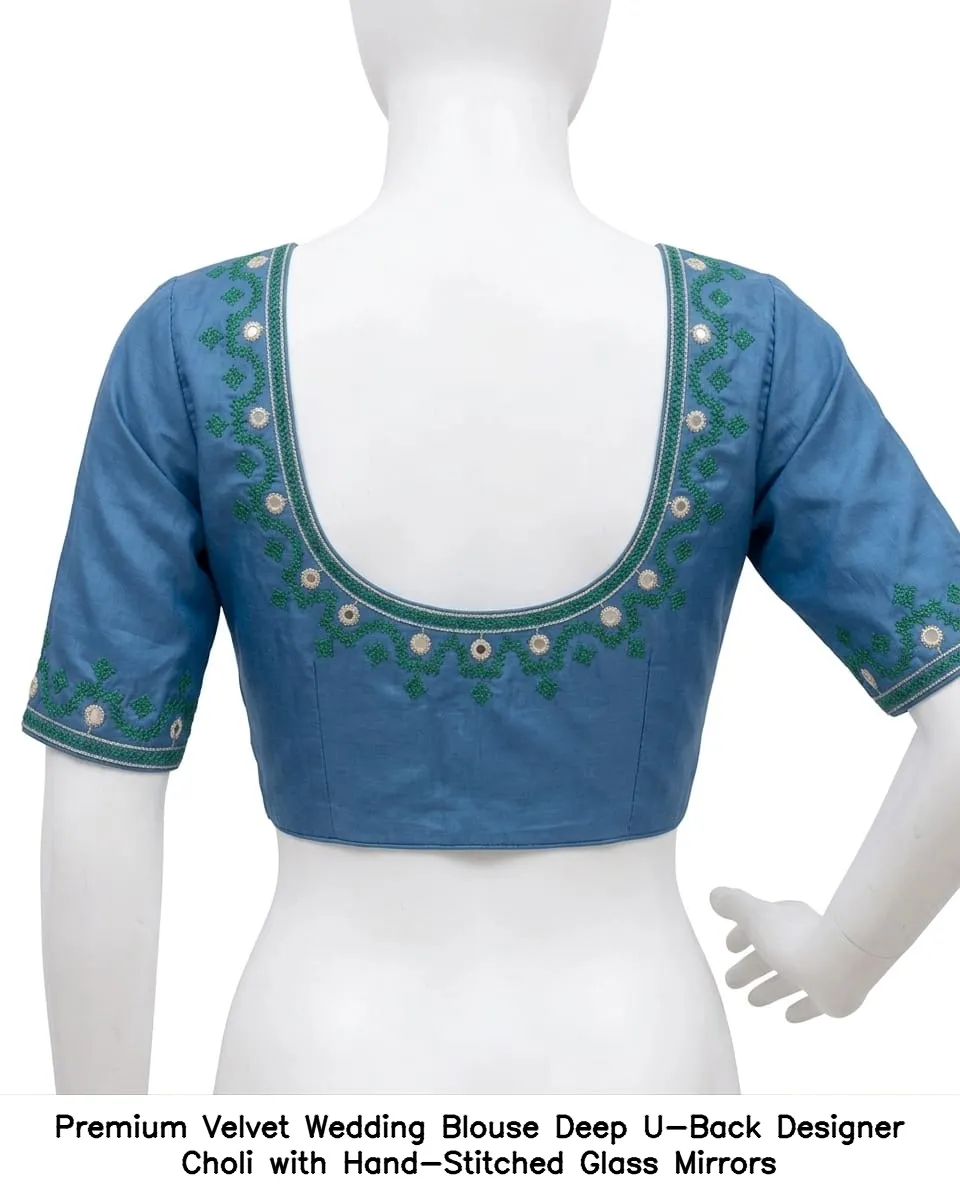​​Premium Velvet Wedding Blouse – Deep U-Back Designer Choli with Hand-Stitched Glass Mirrors