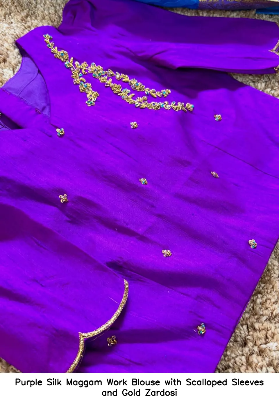 ​​Purple Silk Maggam Work Blouse with Scalloped Sleeves and Gold Zardosi