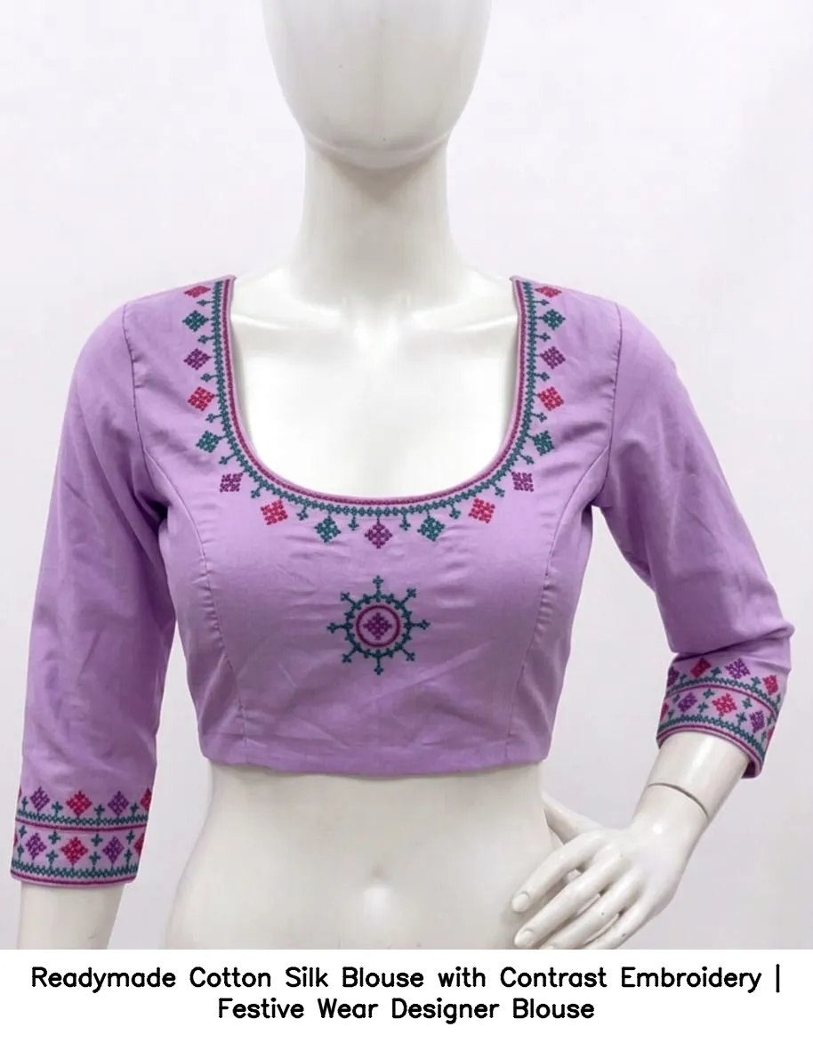​​Readymade Cotton Silk Blouse with Contrast Embroidery | Festive Wear Designer Blouse
