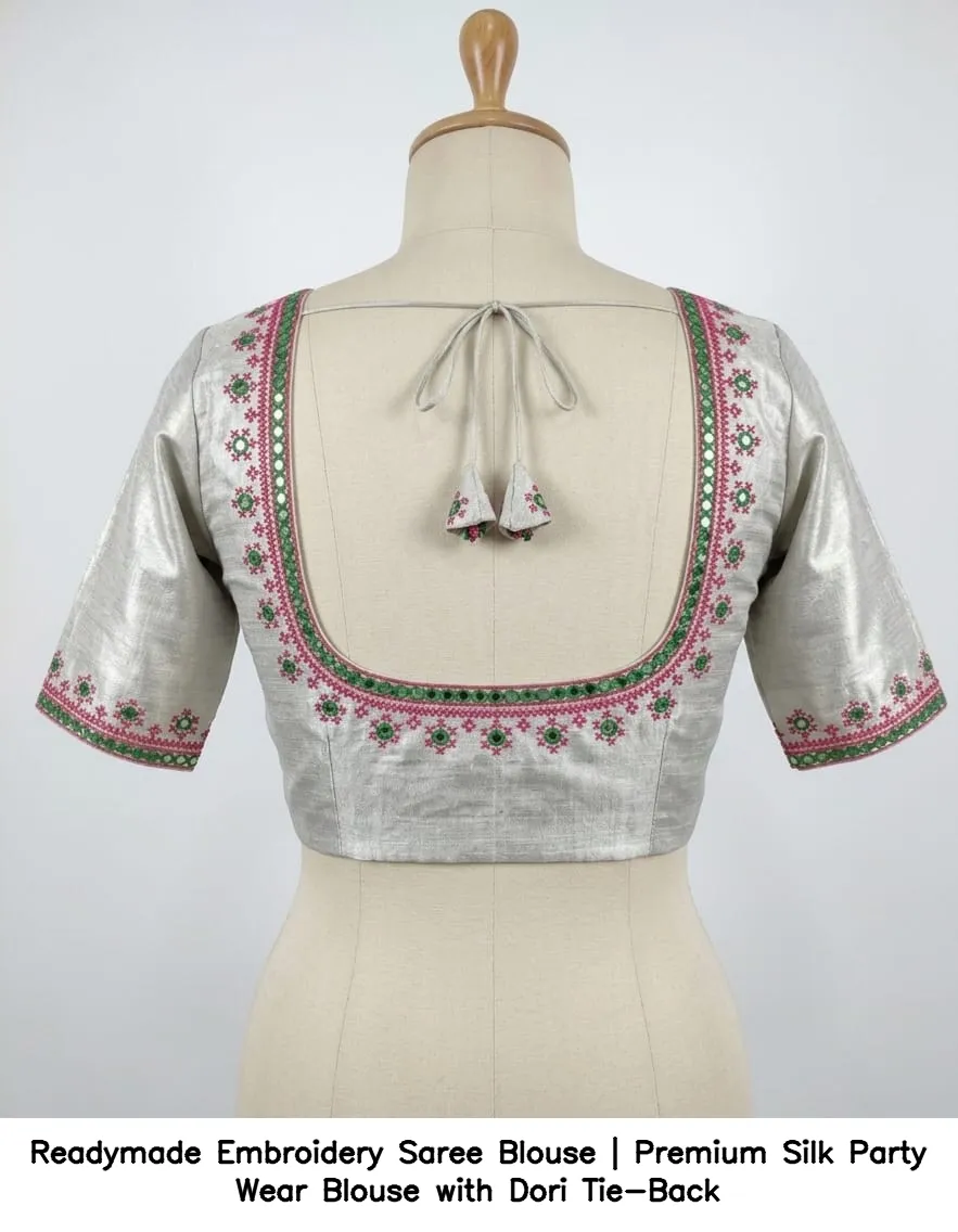 ​​Readymade Embroidery Saree Blouse | Premium Silk Party Wear Blouse with Dori Tie-Back