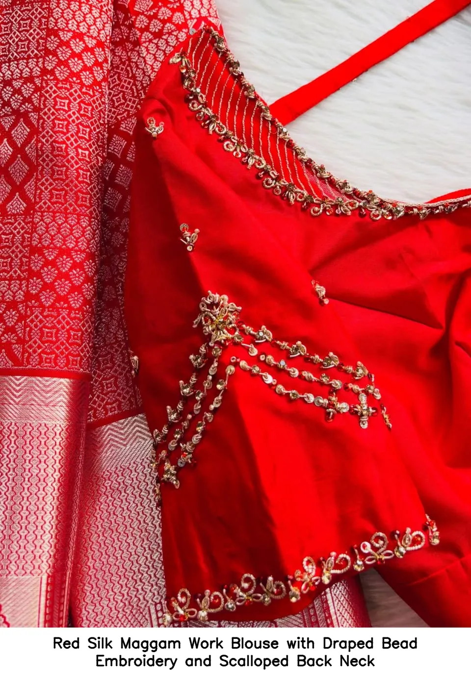 ​​Red Silk Maggam Work Blouse with Draped Bead Embroidery and Scalloped Back Neck