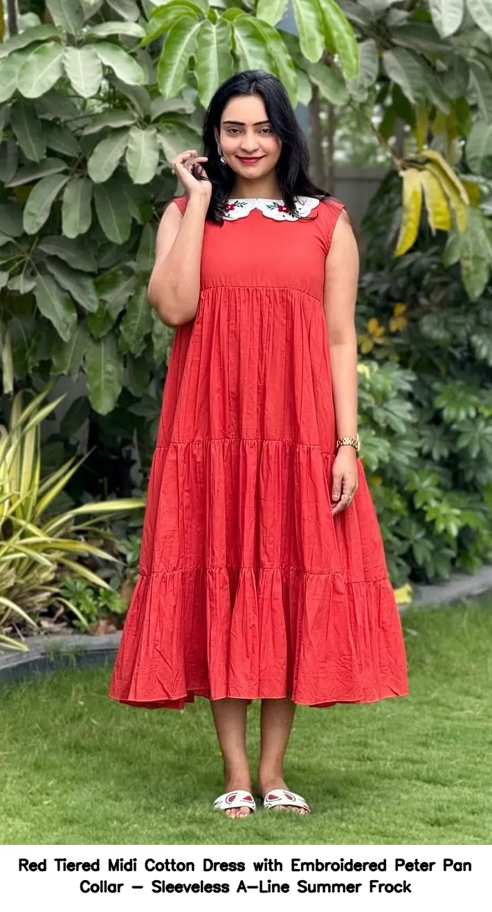 ​​Red Tiered Midi Cotton Dress with Embroidered Peter Pan Collar - Sleeveless A-Line Summer Frock