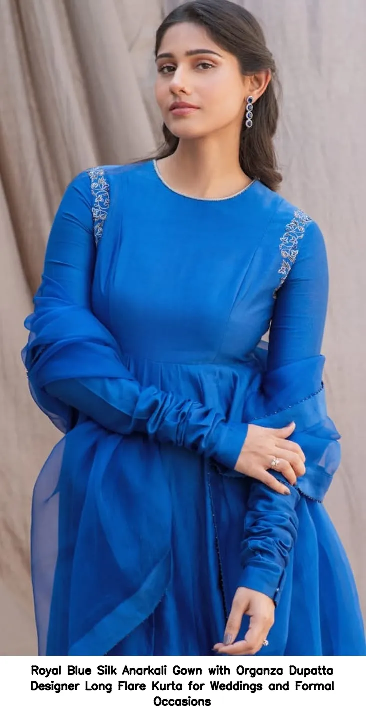 ​​Royal Blue Silk Anarkali Gown with Organza Dupatta – Designer Long Flare Kurta for Weddings and Formal Occasions