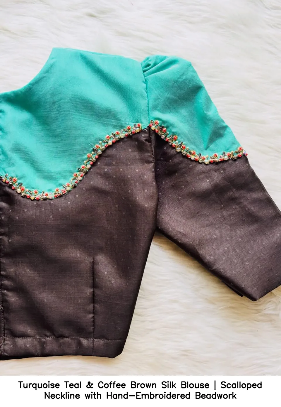 ​​Turquoise Teal & Coffee Brown Silk Blouse | Scalloped Neckline with Hand-Embroidered Beadwork