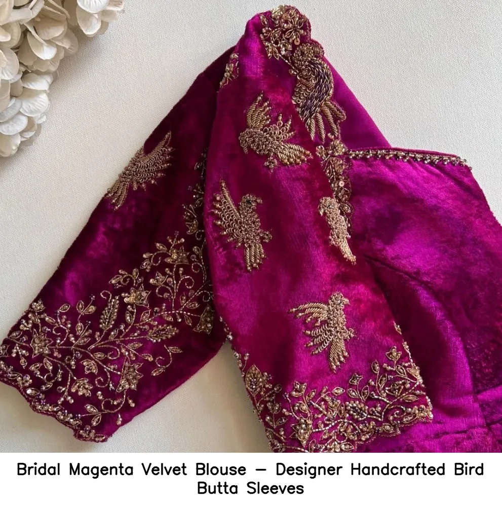 ​​​Bridal Magenta Velvet Blouse - Designer Handcrafted Bird Butta Sleeves