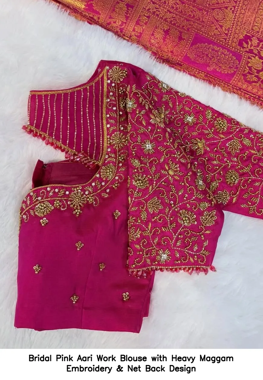 ​​​Bridal Pink Aari Work Blouse with Heavy Maggam Embroidery & Net Back Design - Xl