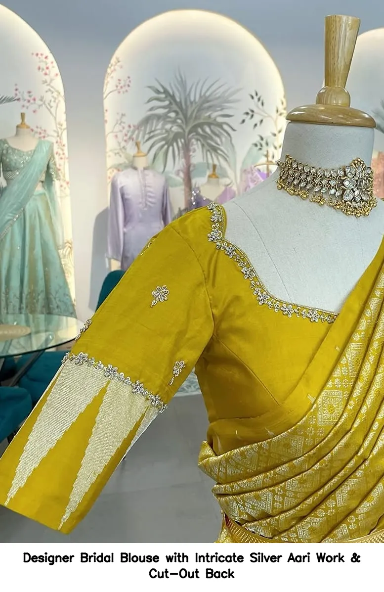 ​​​Designer Bridal Blouse with Intricate Silver Aari Work & Cut-Out Back