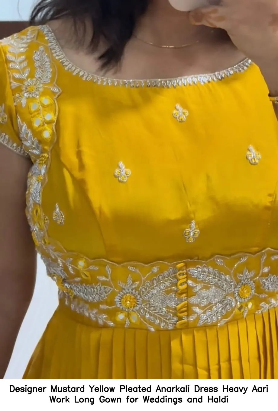 ​​​Designer Mustard Yellow Pleated Anarkali Dress – Heavy Aari Work Long Gown for Weddings and Haldi
