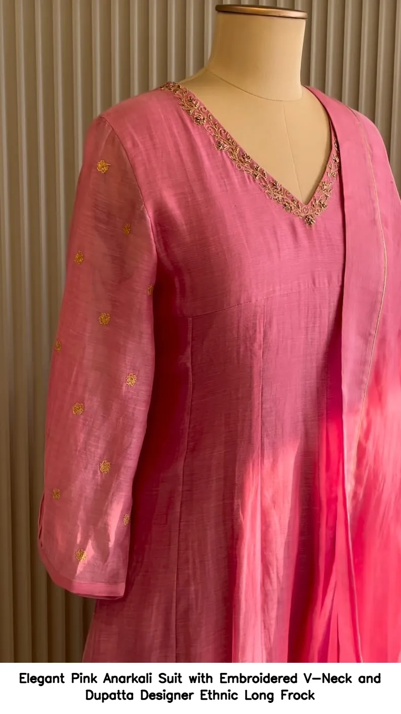 ​​​Elegant Pink Anarkali Suit with Embroidered V-Neck and Dupatta – Designer Ethnic Long Frock