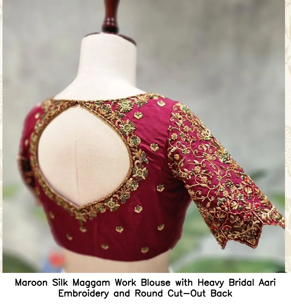 ​​​Maroon Silk Maggam Work Blouse with Heavy Bridal Aari Embroidery and Round Cut-Out Back