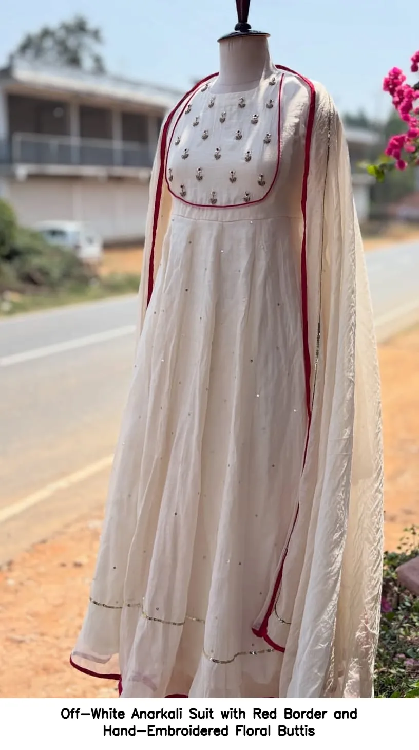 ​​​Off-White Anarkali Suit with Red Border and Hand-Embroidered Floral Buttis