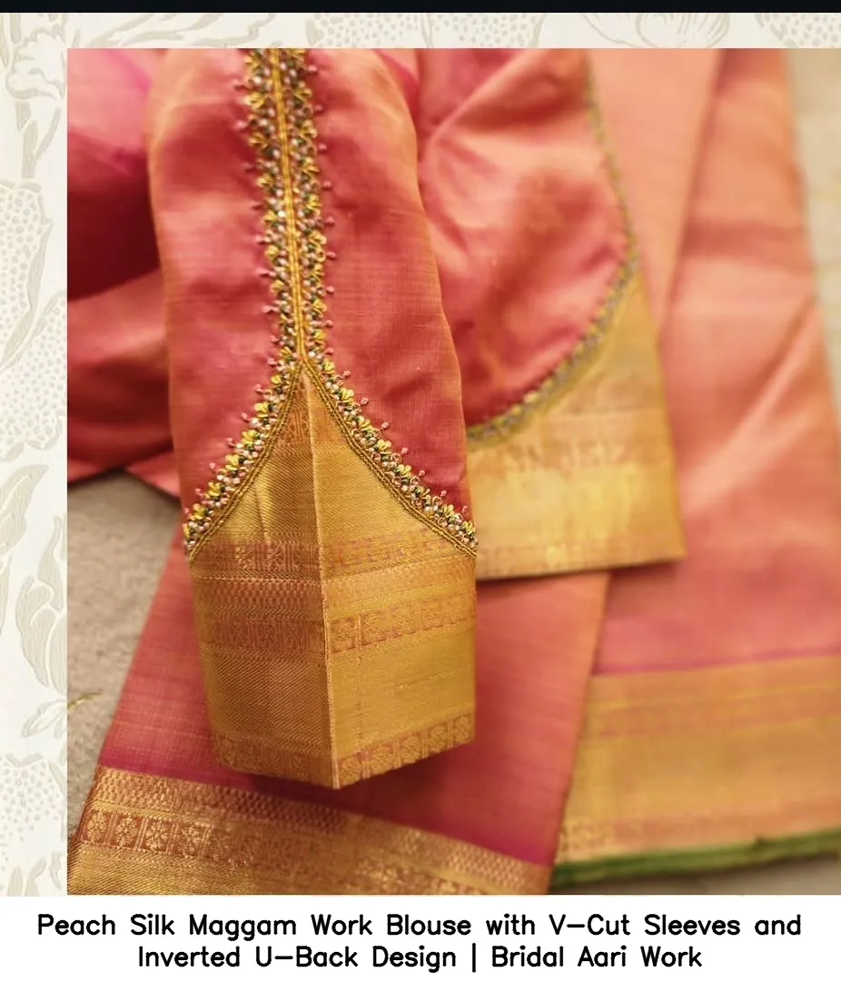 ​​​Peach Silk Maggam Work Blouse with V-Cut Sleeves and Inverted U-Back Design | Bridal Aari Work