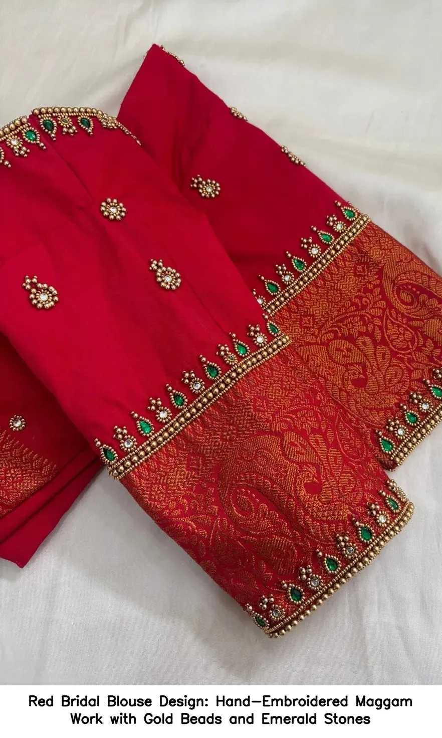 ​​​Red Bridal Blouse Design: Hand-Embroidered Maggam Work with Gold Beads and Emerald Stones
