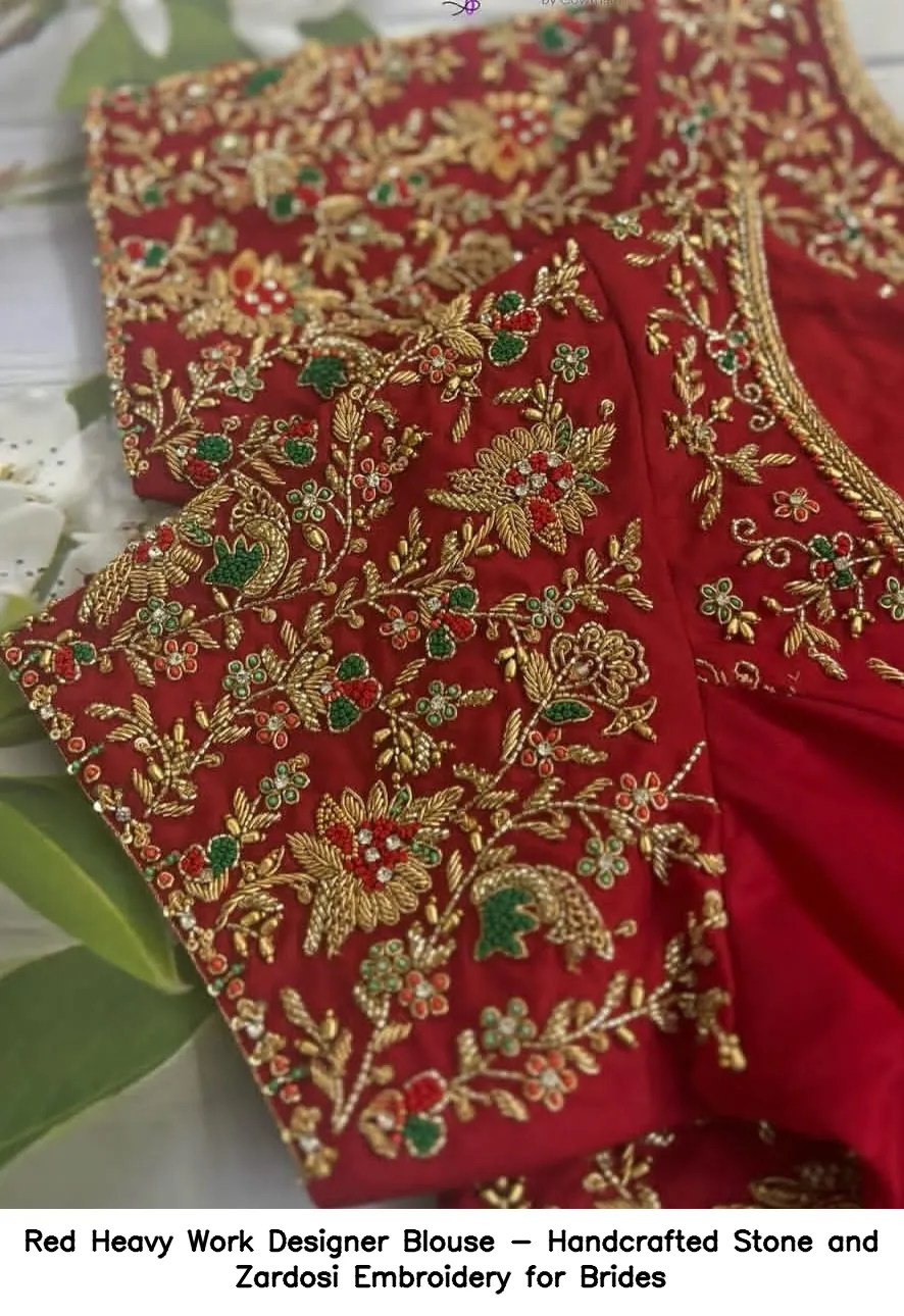 ​​​Red Heavy Work Designer Blouse - Handcrafted Stone and Zardosi Embroidery for Brides