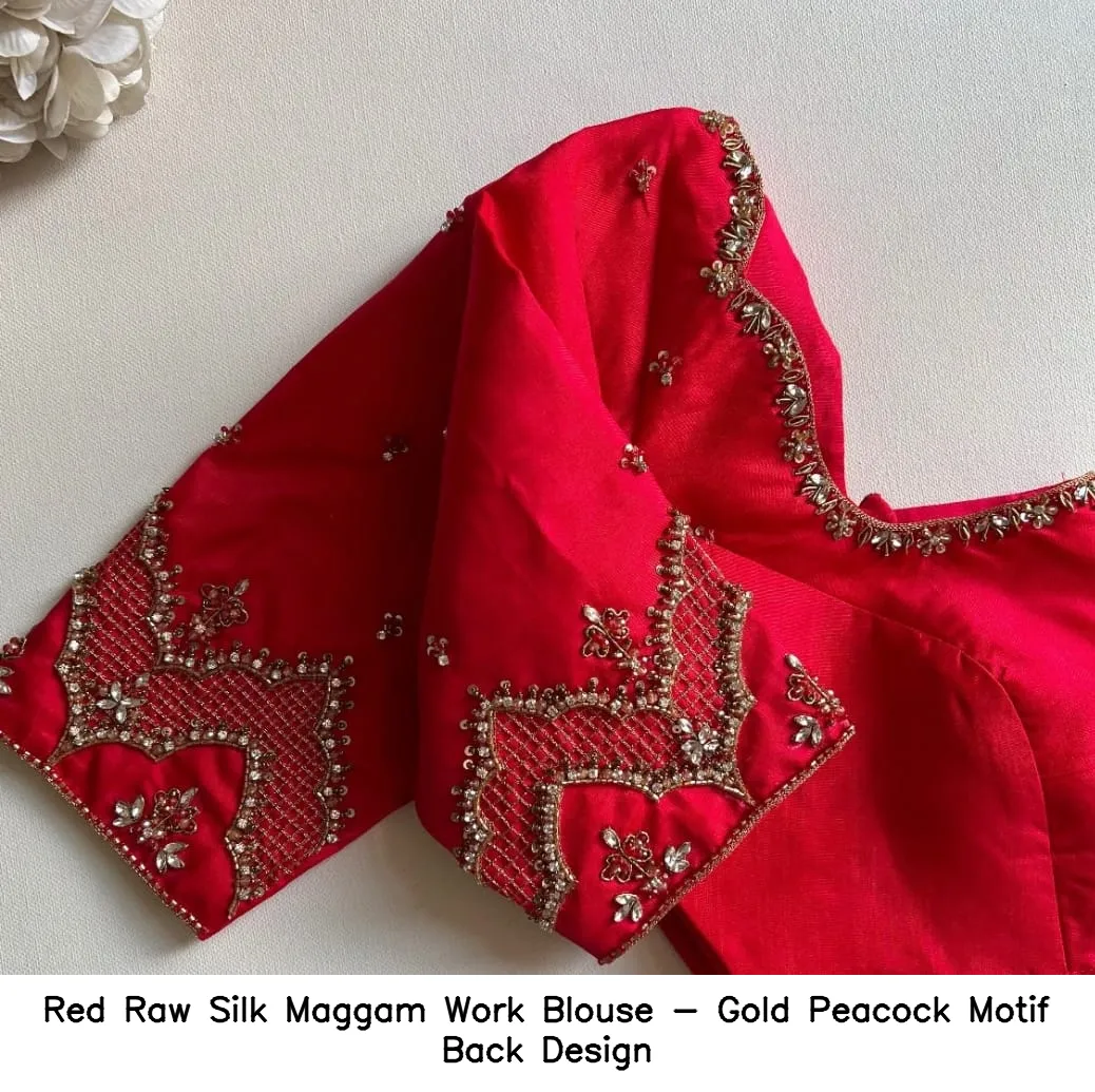 ​​​Red Raw Silk Maggam Work Blouse - Gold Peacock Motif Back Design