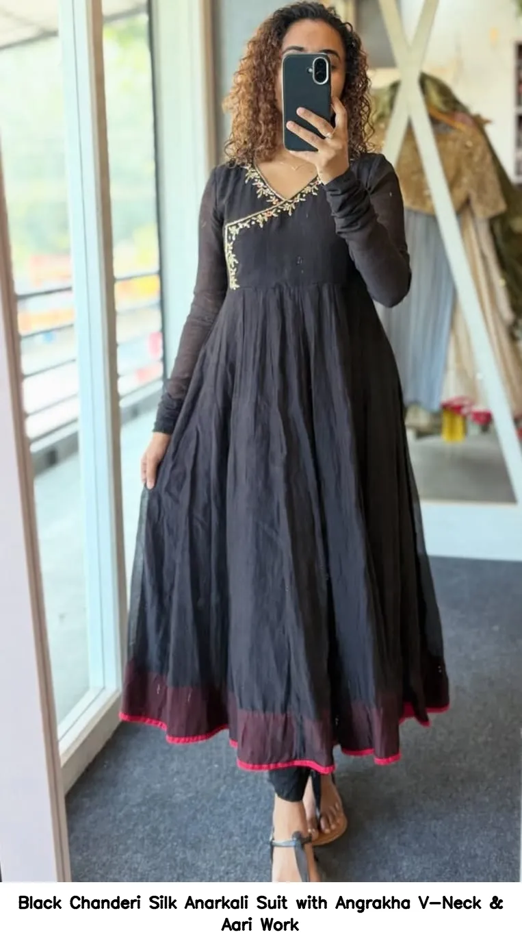 ​​​​Black Chanderi Silk Anarkali Suit with Angrakha V-Neck & Aari Work