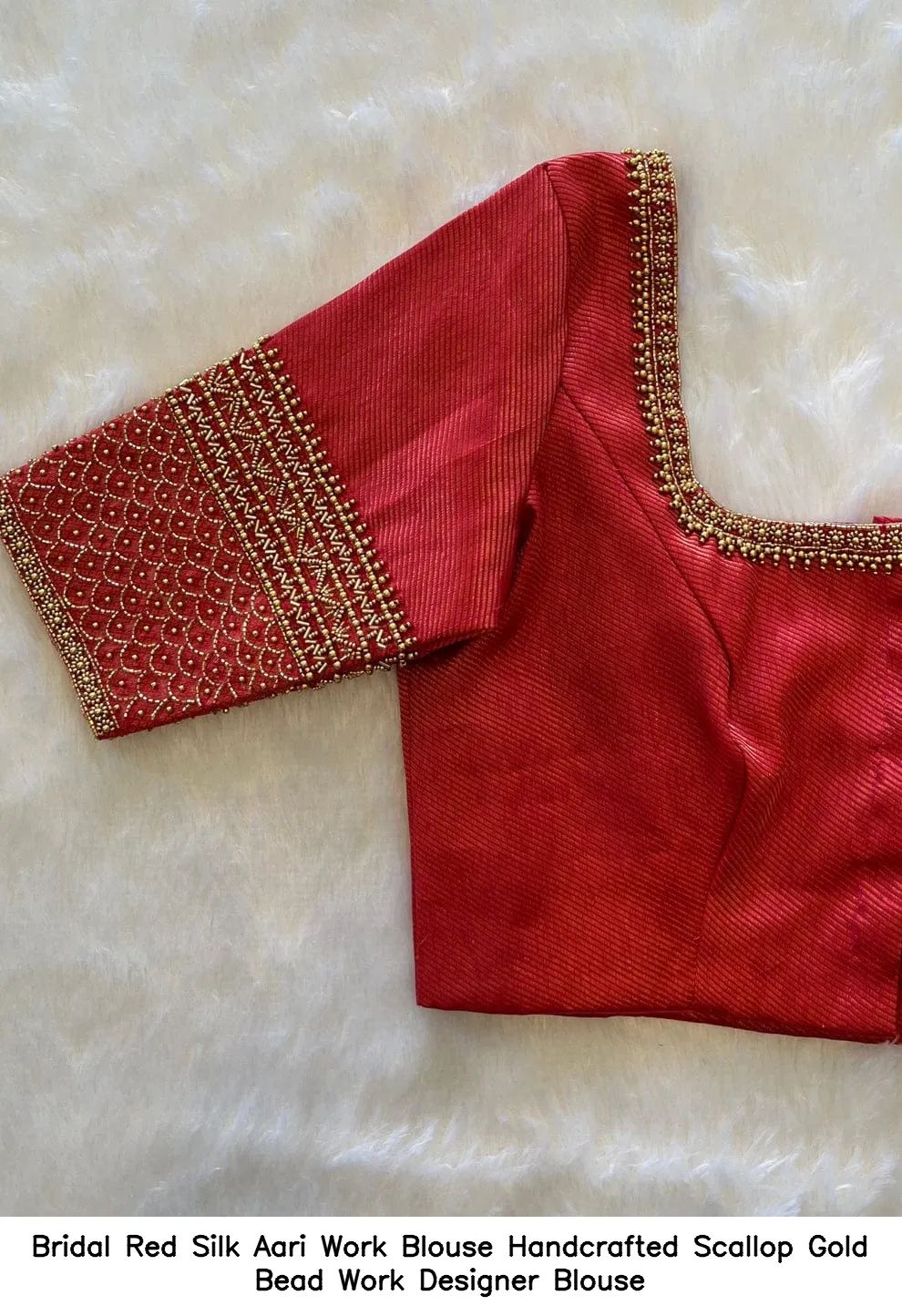 ​​​​Bridal Red Silk Aari Work Blouse – Handcrafted Scallop Gold Bead Work Designer Blouse