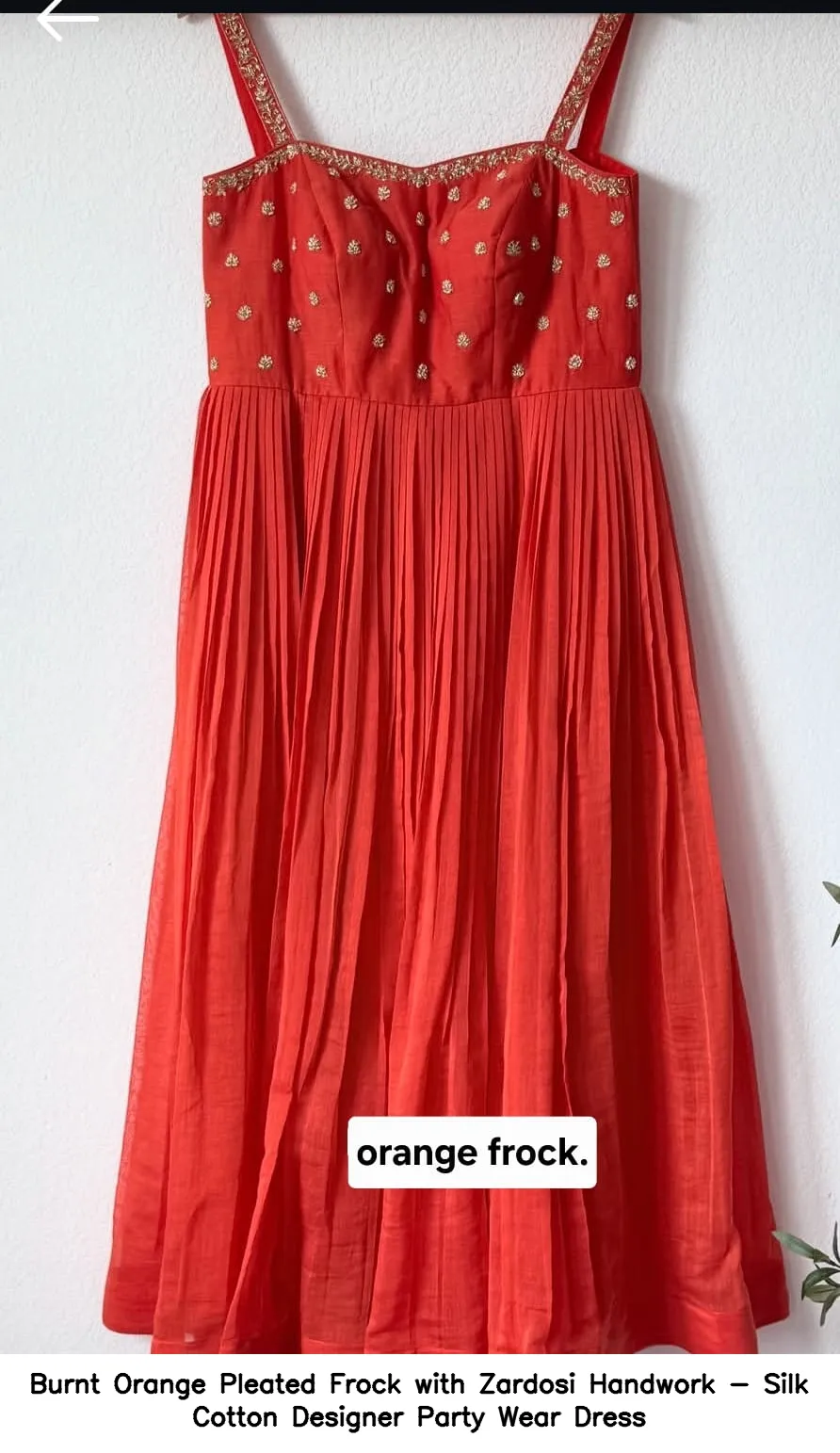 ​​​​Burnt Orange Pleated Frock with Zardosi Handwork - Silk Cotton Designer Party Wear Dress