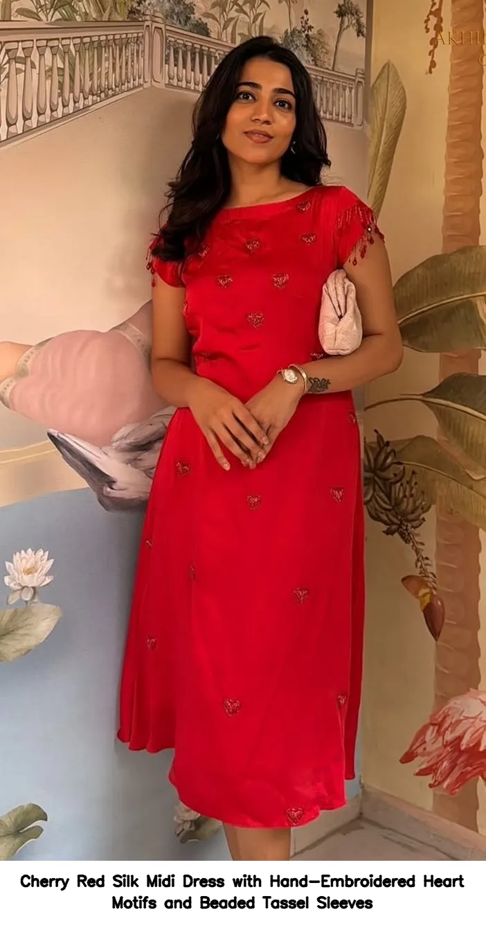 ​​​​Cherry Red Silk Midi Dress with Hand-Embroidered Heart Motifs and Beaded Tassel Sleeves