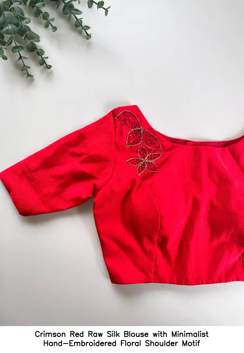 ​​​​Crimson Red Raw Silk Blouse with Minimalist Hand-Embroidered Floral Shoulder Motif