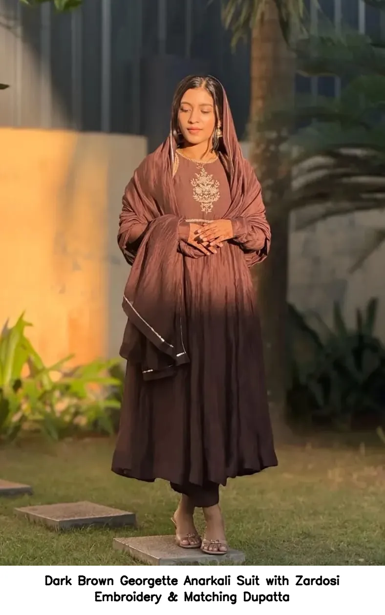 ​​​​Dark Brown Georgette Anarkali Suit with Zardosi Embroidery & Matching Dupatta