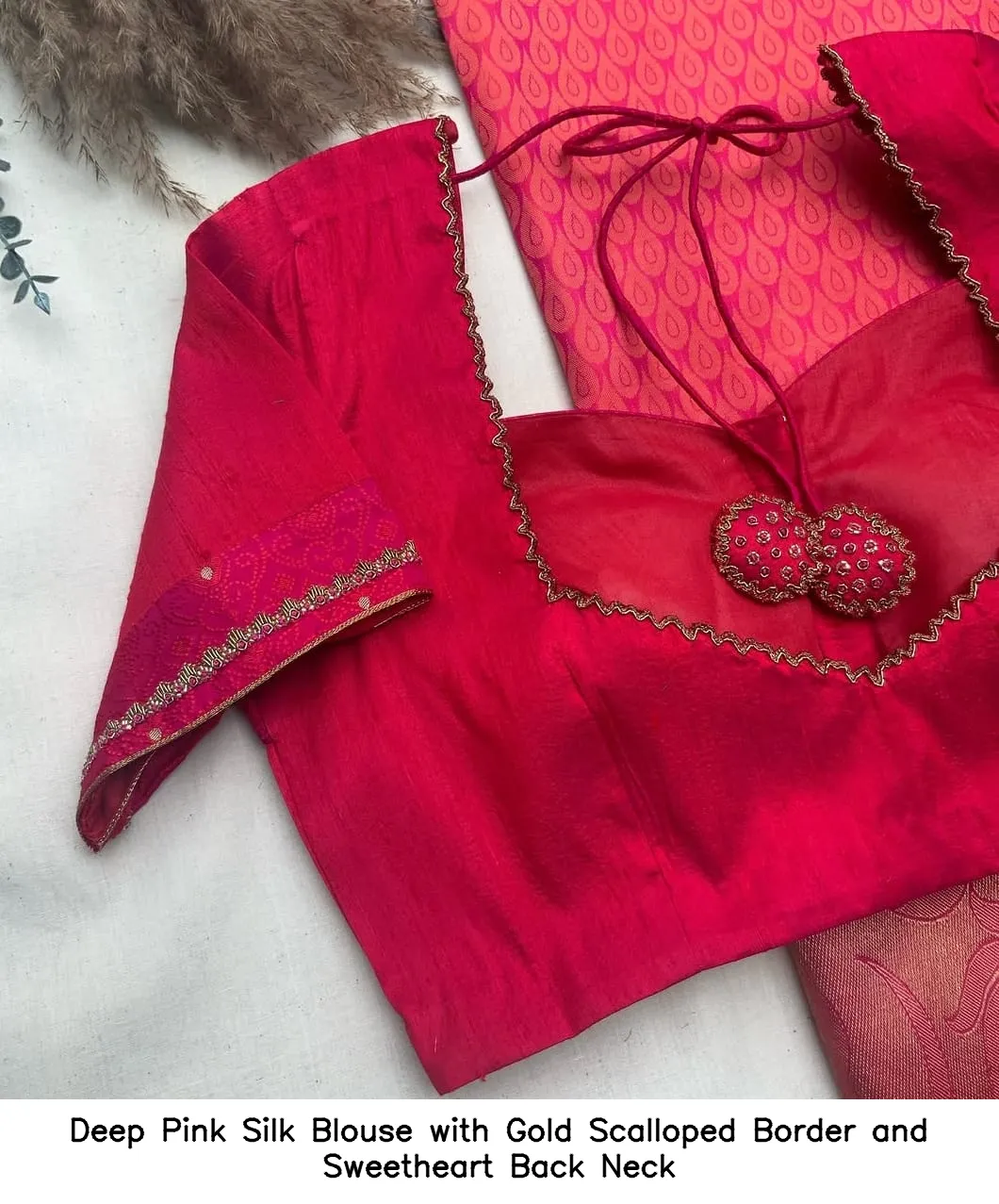 ​​​​Deep Pink Silk Blouse with Gold Scalloped Border and Sweetheart Back Neck