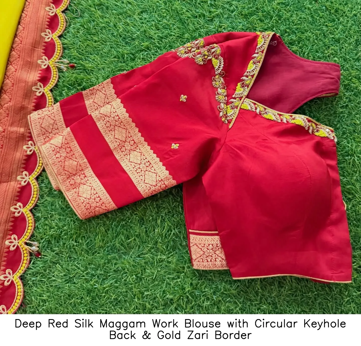 ​​​​Deep Red Silk Maggam Work Blouse with Circular Keyhole Back & Gold Zari Border