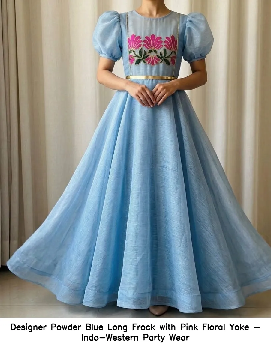 ​​​​Designer Powder Blue Long Frock with Pink Floral Yoke - Indo-Western Party Wear