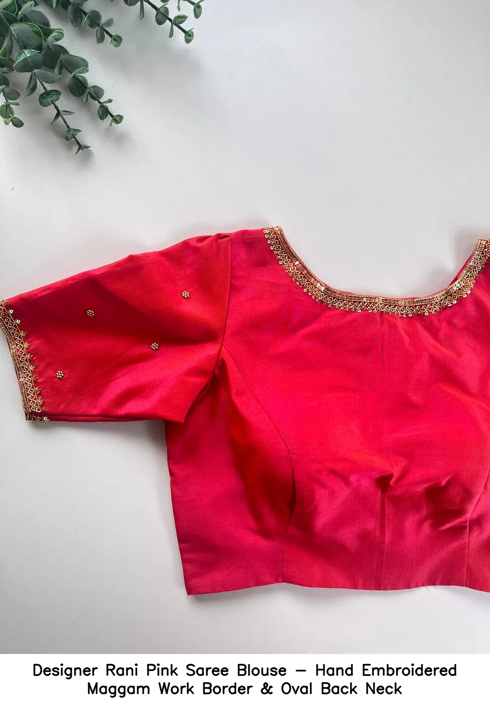 ​​​​Designer Rani Pink Saree Blouse - Hand Embroidered Maggam Work Border & Oval Back Neck
