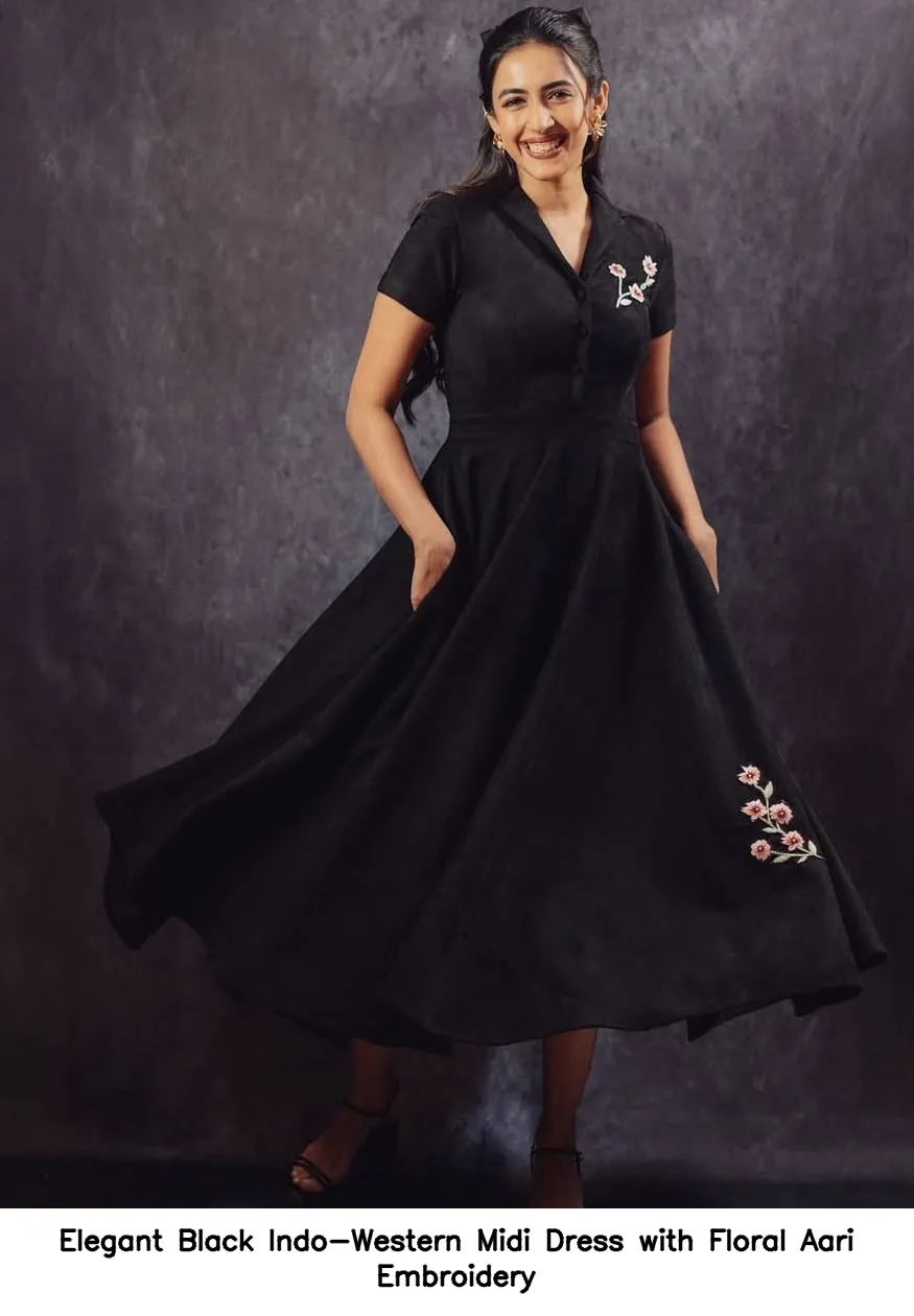 ​​​​Elegant Black Indo-Western Midi Dress with Floral Aari Embroidery
