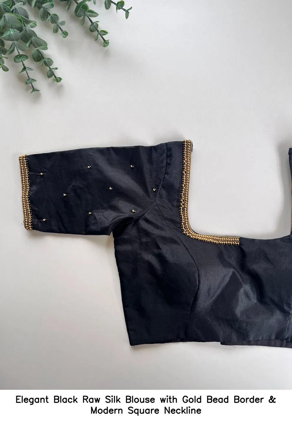 ​​​​Elegant Black Raw Silk Blouse with Gold Bead Border & Modern Square Neckline