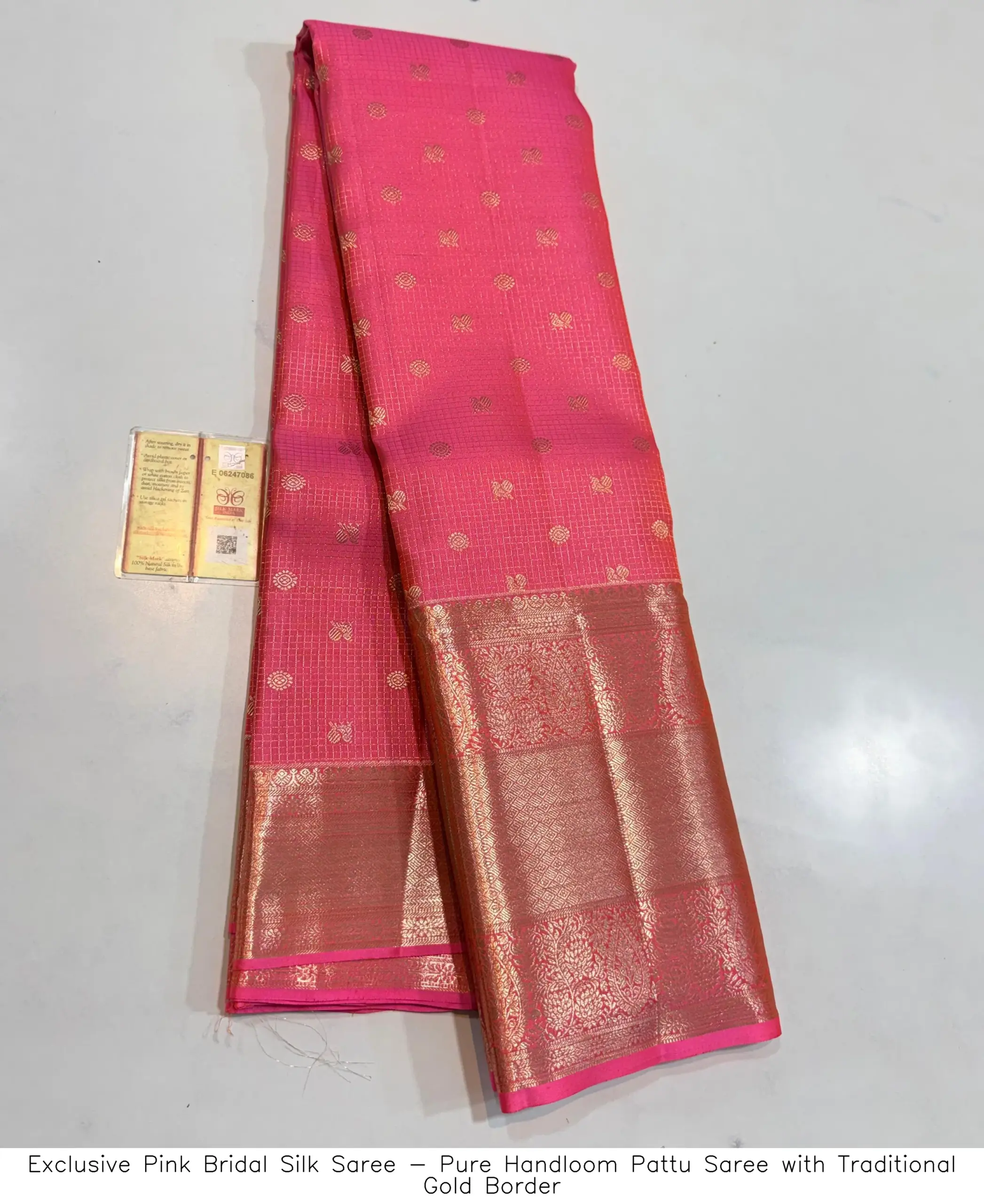 ​​​​Exclusive Pink Bridal Silk Saree - Pure Handloom Pattu Saree with Traditional Gold Border