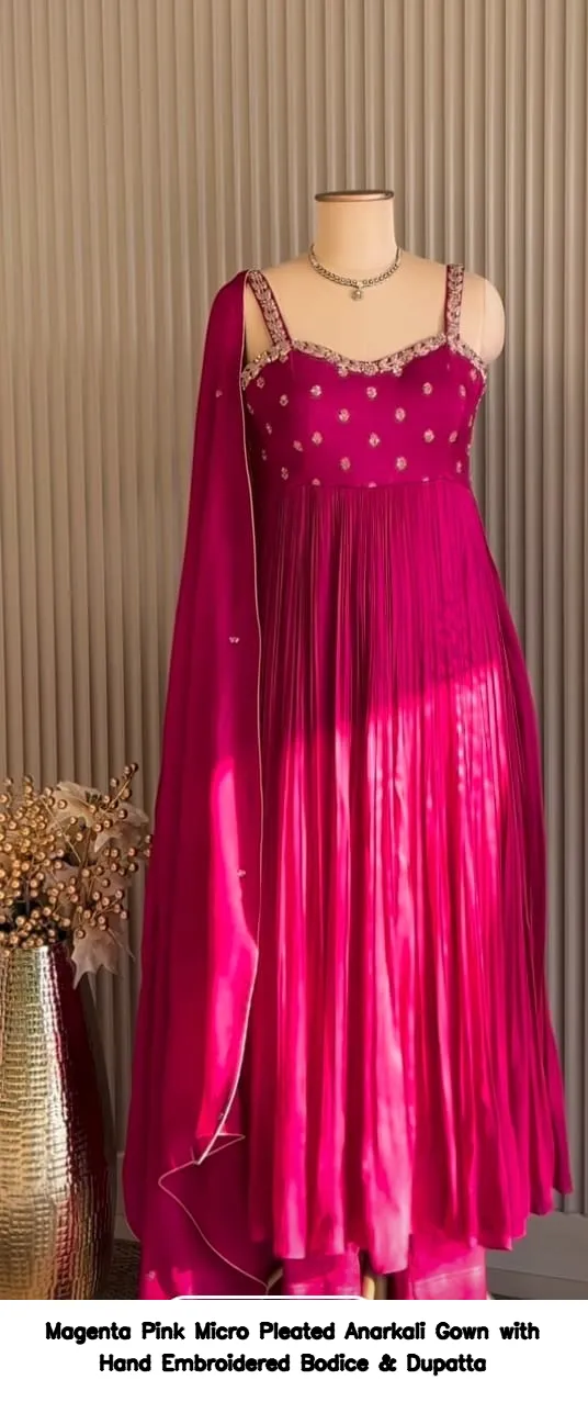​​​​Magenta Pink Micro Pleated Anarkali Gown with Hand Embroidered Bodice & Dupatta