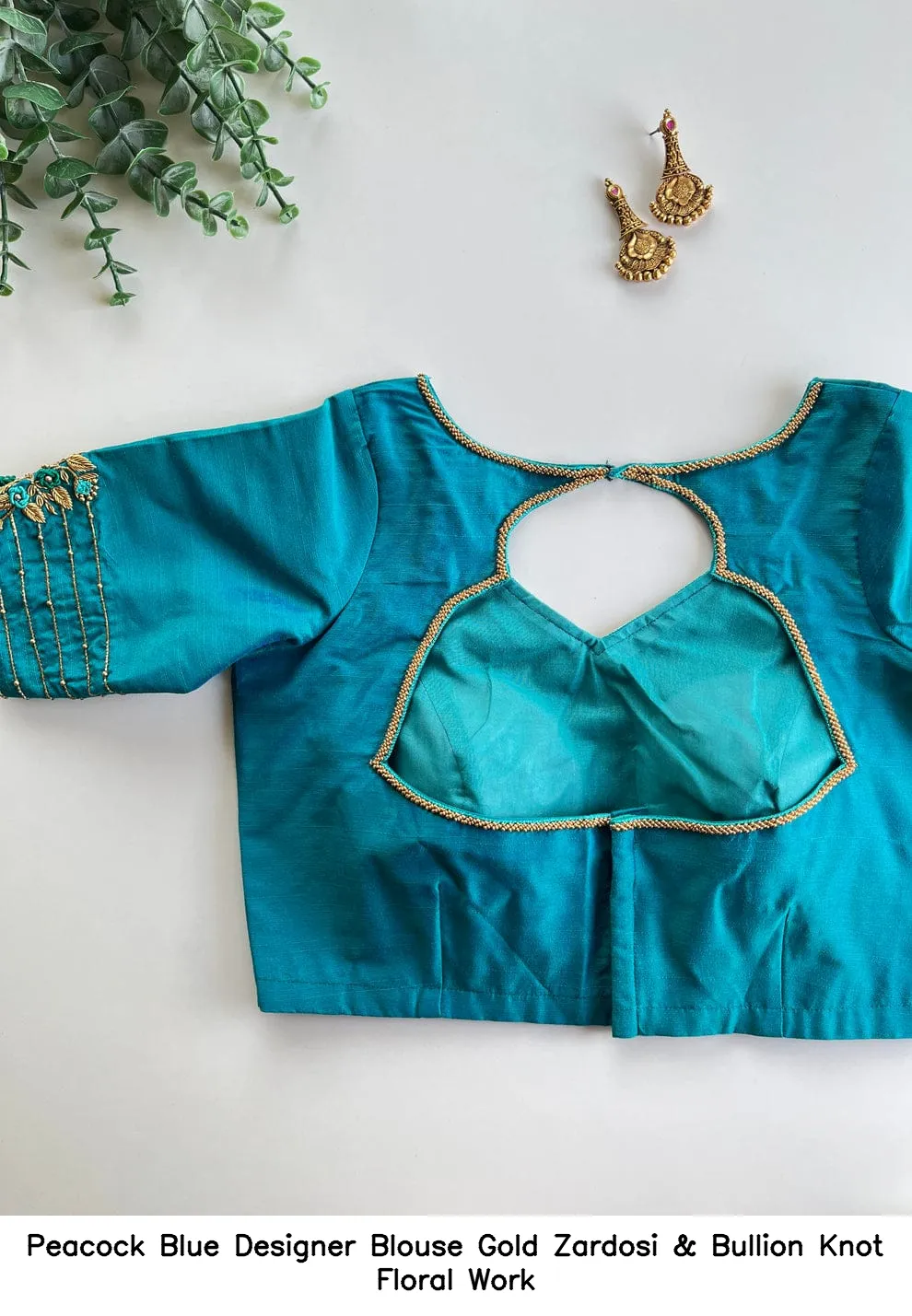 ​​​​Peacock Blue Designer Blouse – Gold Zardosi & Bullion Knot Floral Work