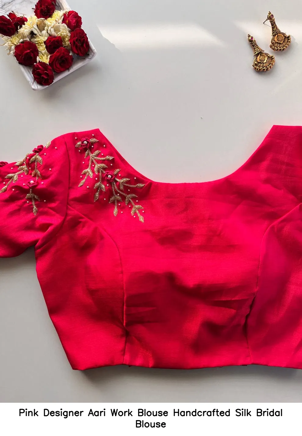 ​​​​Pink Designer Aari Work Blouse – Handcrafted Silk Bridal Blouse