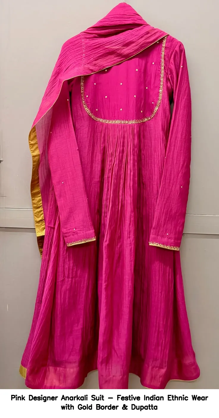​​​​Pink Designer Anarkali Suit - Festive Indian Ethnic Wear with Gold Border & Dupatta