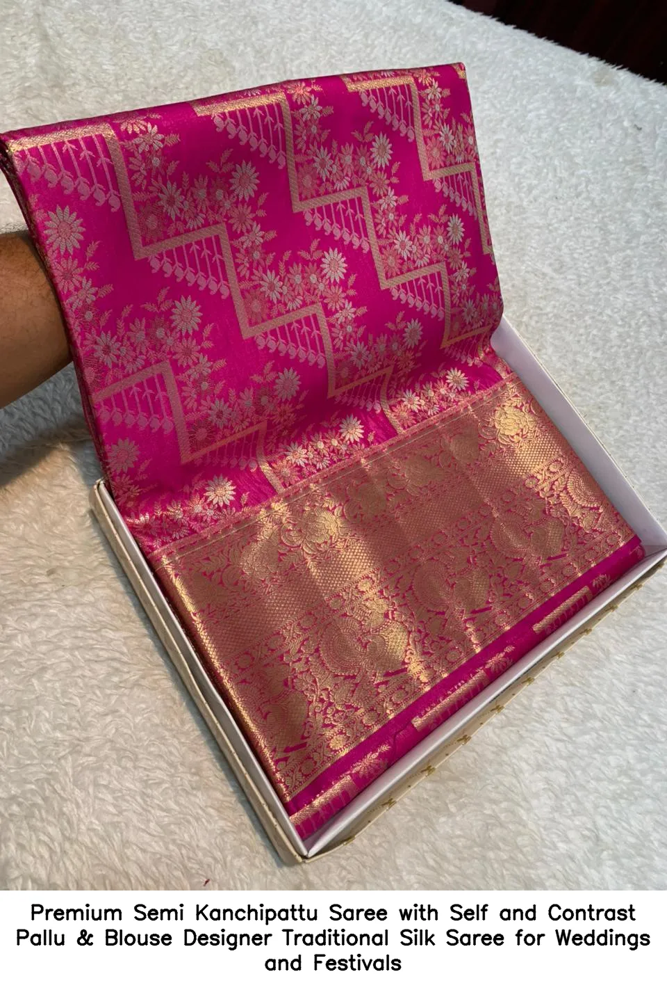 ​​​​Premium Semi Kanchipattu Saree with Self and Contrast Pallu & Blouse – Designer Traditional Silk Saree for Weddings and Festivals