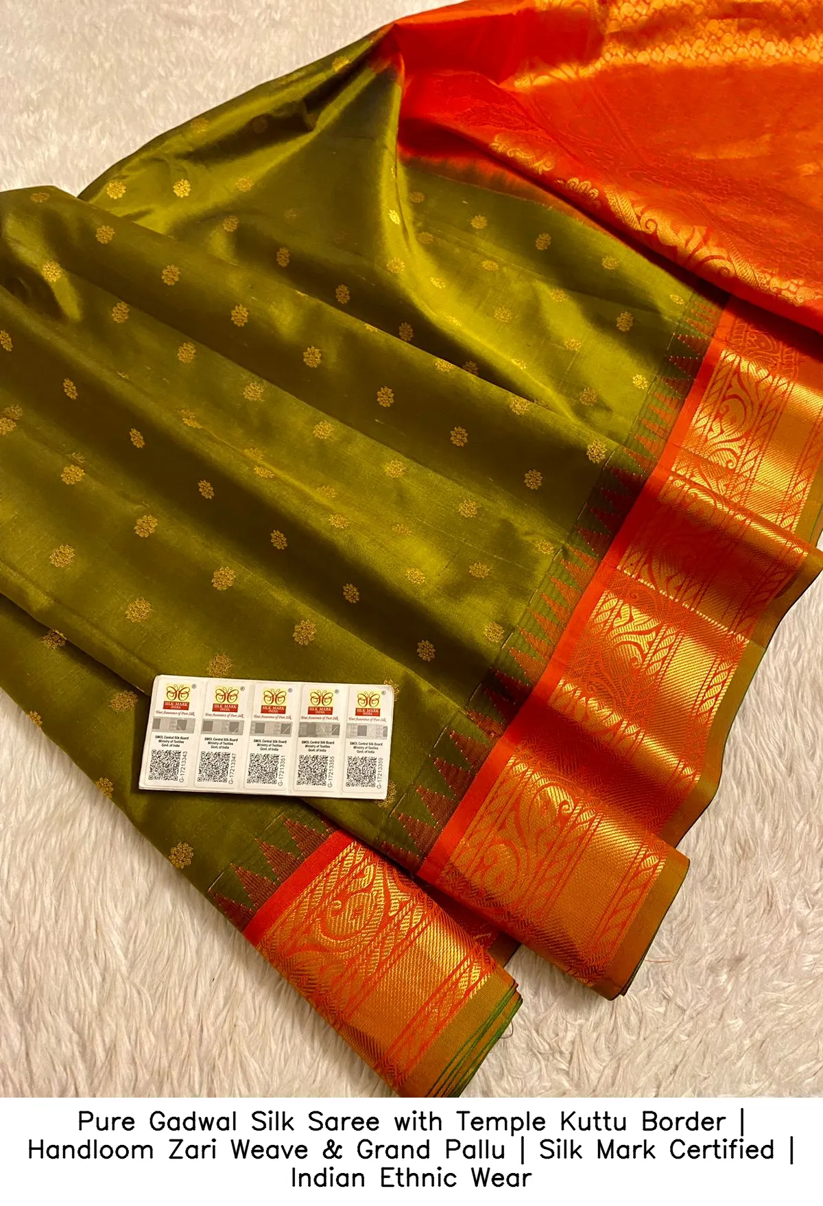 ​​​​Pure Gadwal Silk Saree with Temple Kuttu Border | Handloom Zari Weave & Grand Pallu | Silk Mark Certified | Indian Ethnic Wear