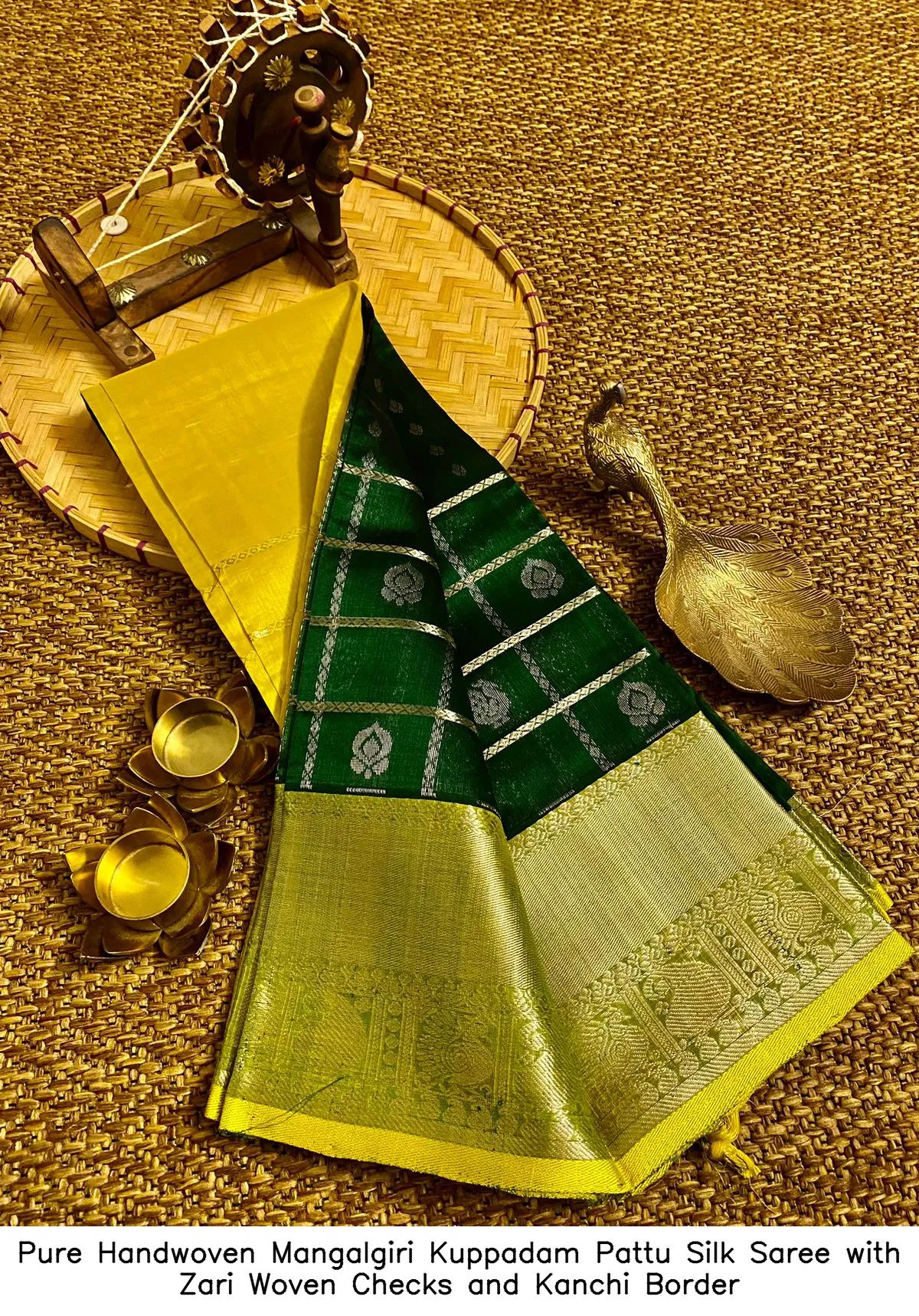 ​​​​Pure Handwoven Mangalgiri Kuppadam Pattu Silk Saree with Zari Woven Checks and Kanchi Border
