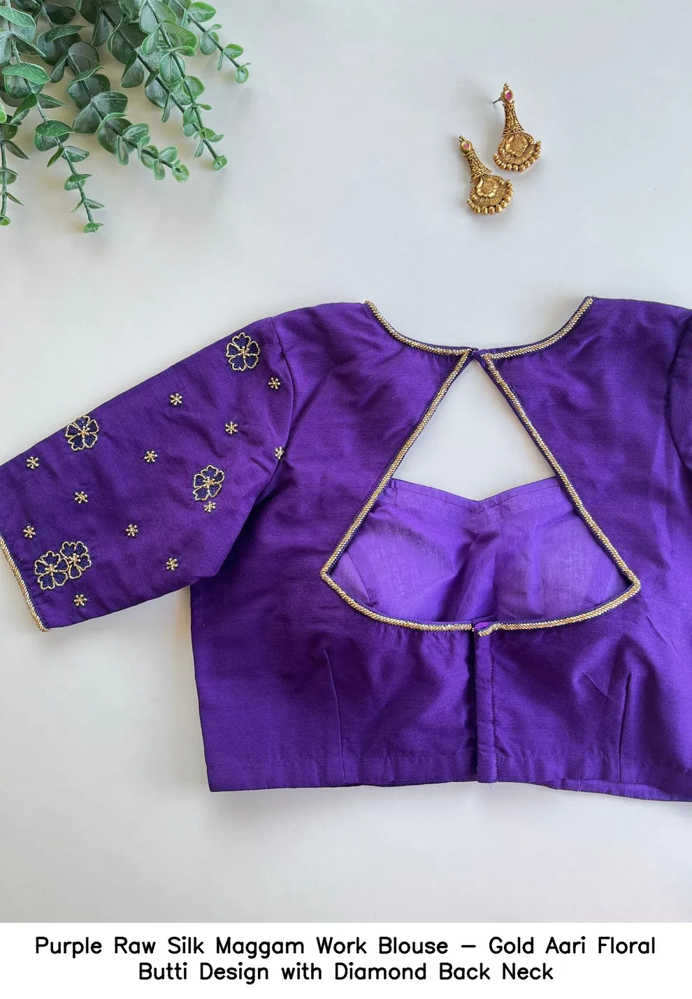 ​​​​Purple Raw Silk Maggam Work Blouse - Gold Aari Floral Butti Design with Diamond Back Neck
