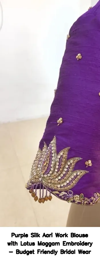​​​​Purple Silk Aari Work Blouse with Lotus Maggam Embroidery - Budget Friendly Bridal Wear