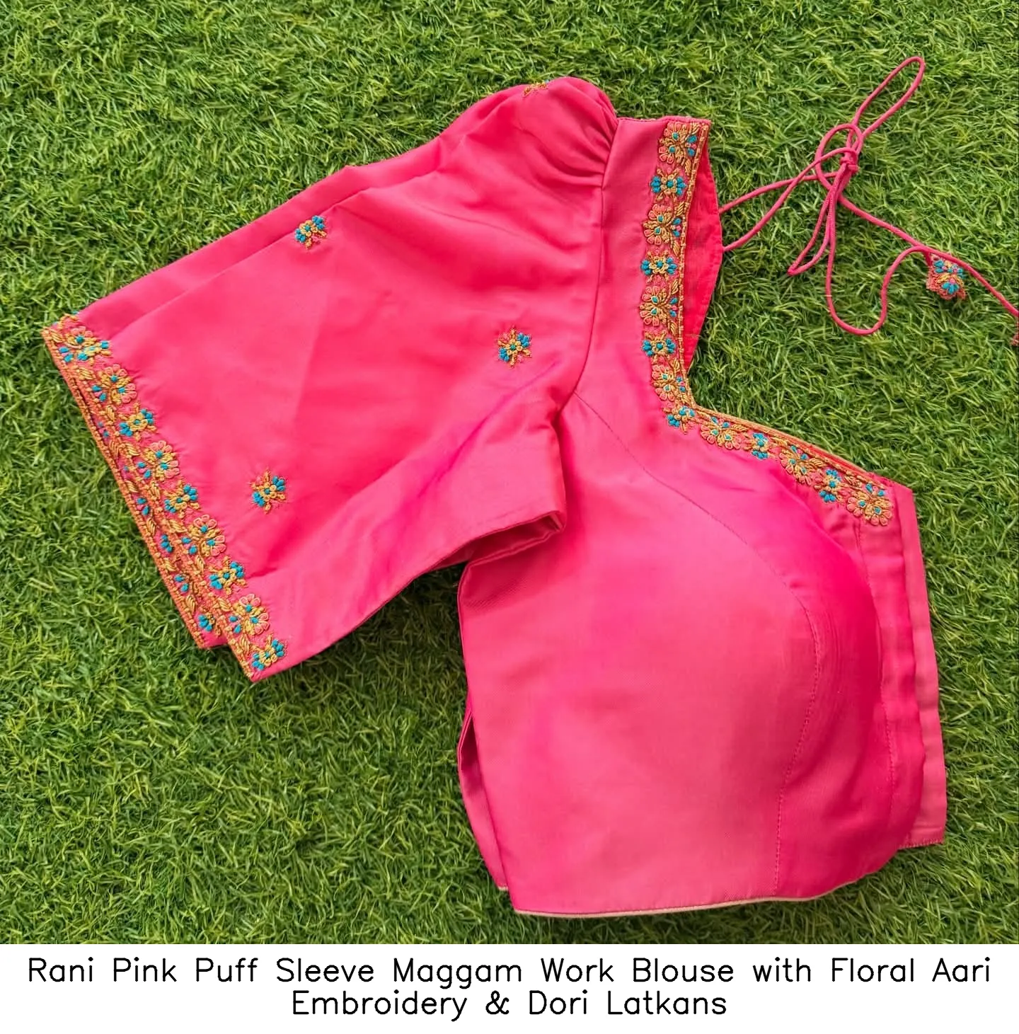 ​​​​Rani Pink Puff Sleeve Maggam Work Blouse with Floral Aari Embroidery & Dori Latkans