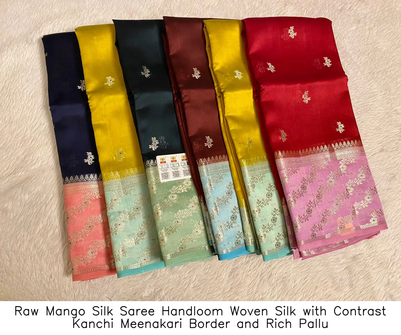 ​​​​Raw Mango Silk Saree – Handloom Woven Silk with Contrast Kanchi Meenakari Border and Rich Pallu