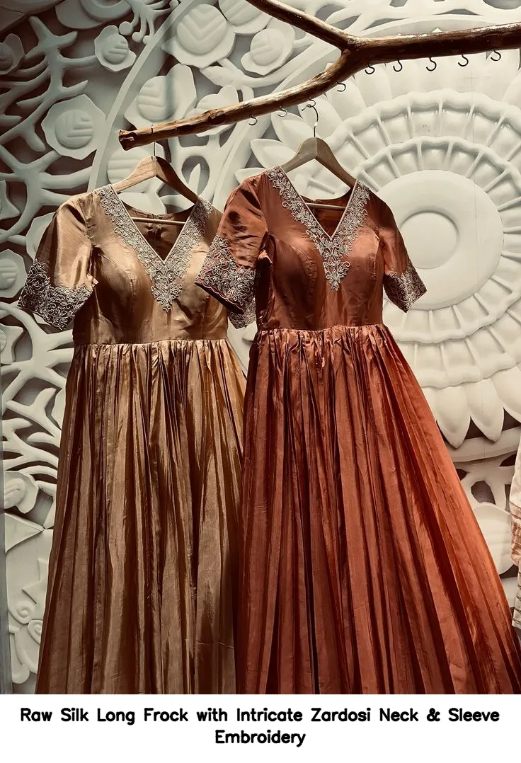 ​​​​Raw Silk Long Frock with Intricate Zardosi Neck & Sleeve Embroidery