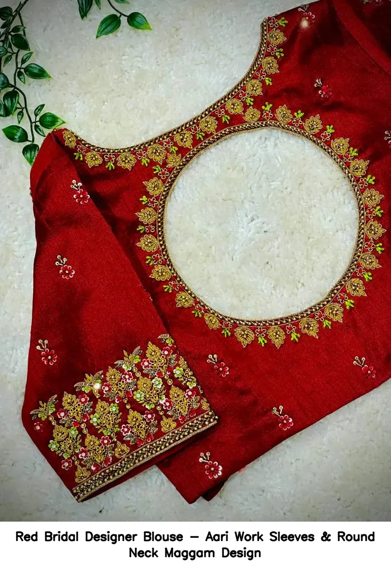 ​​​​Red Bridal Designer Blouse - Aari Work Sleeves & Round Neck Maggam Design