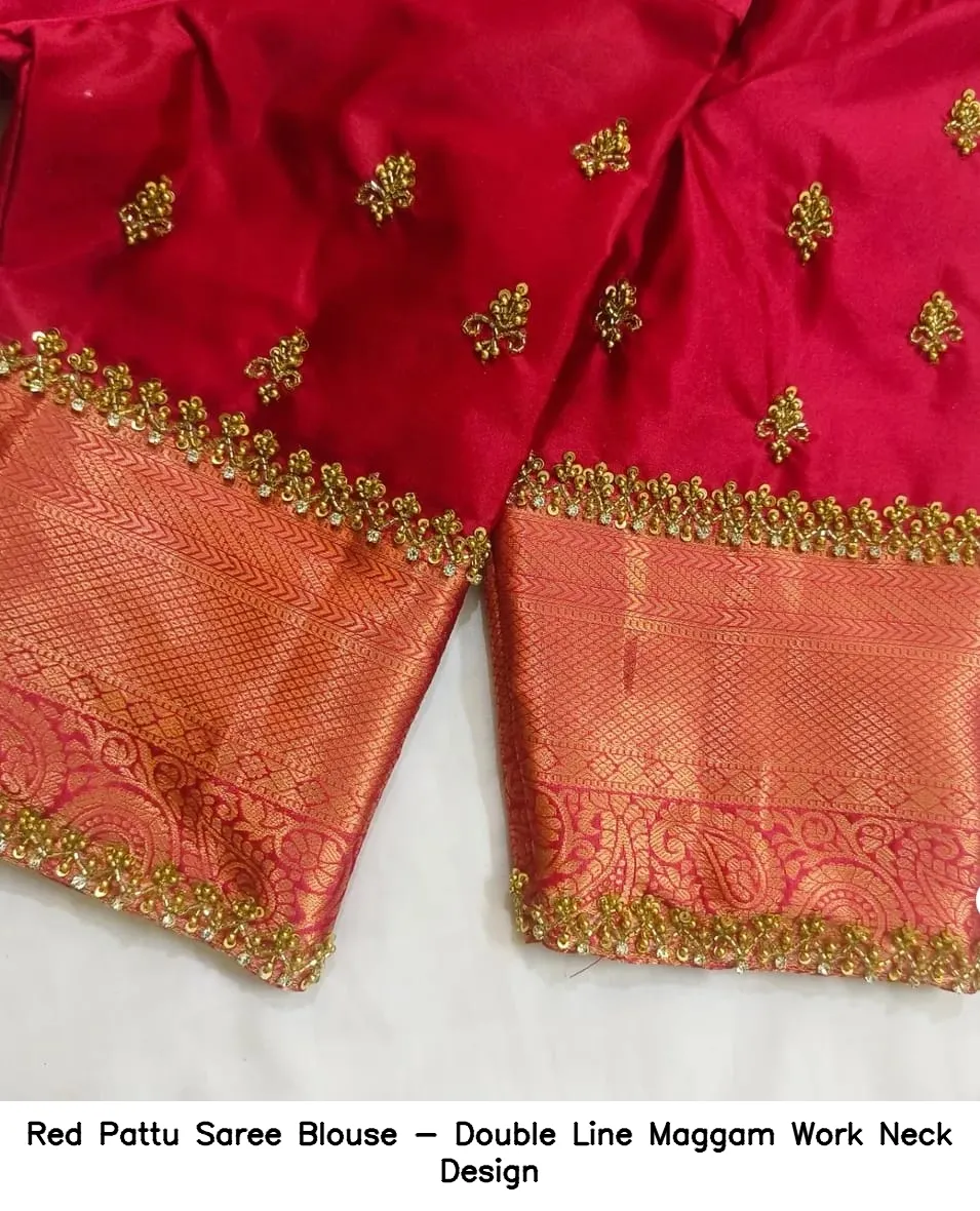 ​​​​Red Pattu Saree Blouse - Double Line Maggam Work Neck Design