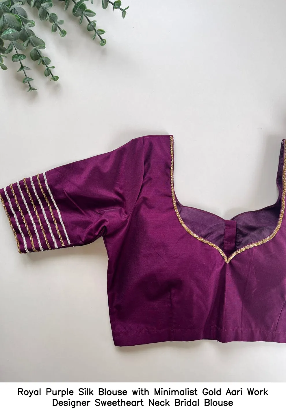 ​​​​Royal Purple Silk Blouse with Minimalist Gold Aari Work – Designer Sweetheart Neck Bridal Blouse